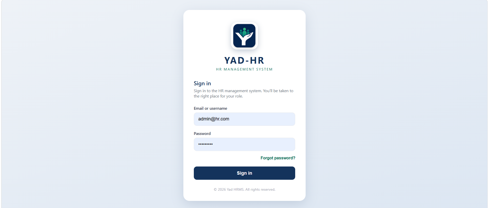 YAD-HR login screen